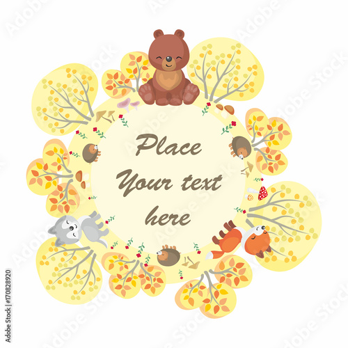 The autumn woods and cute animals in cartoon style. Vector decorative frame.