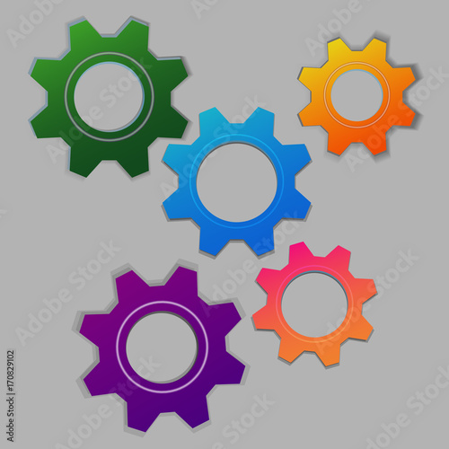 5 multi-colored cogs