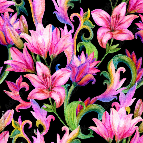 Fototapeta Naklejka Na Ścianę i Meble -  lily seamless pattern with watercolor painted ornament