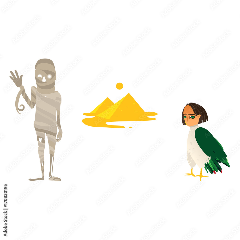 Φωτογραφία Mummy, great pyramids and harpy woman bird, symbols of Egypt, flat cartoon vector illustration isolated on white background