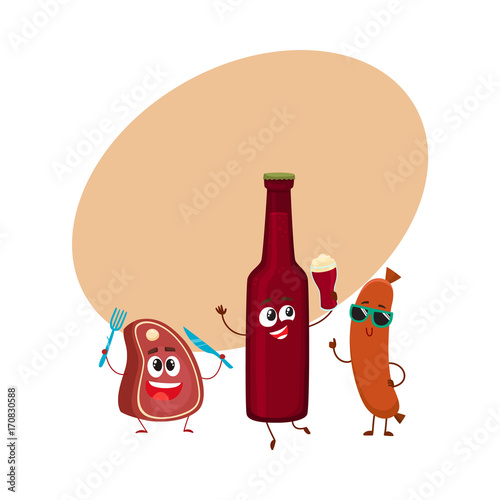 Happy beer bottle, meat steak, frankfurter sausage characters having party, cartoon vector illustration with space for text. Funny smiling beer bottle, steak, sausage characters celebrating