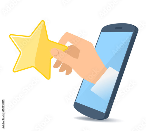 A human hand from the mobile phone's screen holds a yellow star. Modern technology, smart phone apps, liking, voting and ranking flat concept illustration. Vector design element isolated on white.