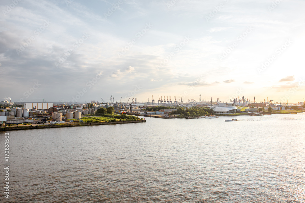 Top view on Elbe river with huge port of Hamburg city in Germany