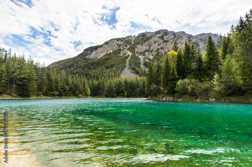 The famous "Grüner See / Green lake" and in the "Hochschwab" mountain range, Styria, Austria on a beautiful day