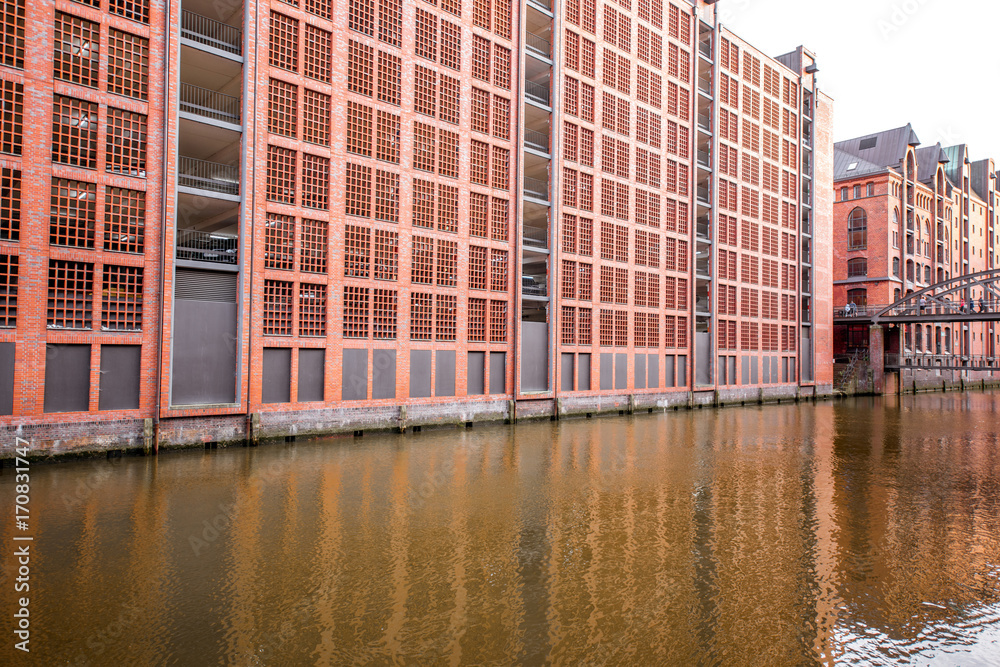 Beautiful red brick facade of the old car parking building in Hafencity in Hamburg, Germany