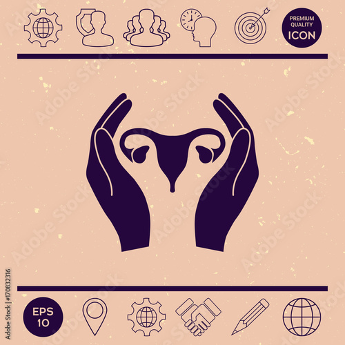 Hands holding Female uterus - protection icon