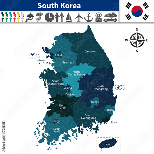Obraz na plátně Map of South Korea with Counties