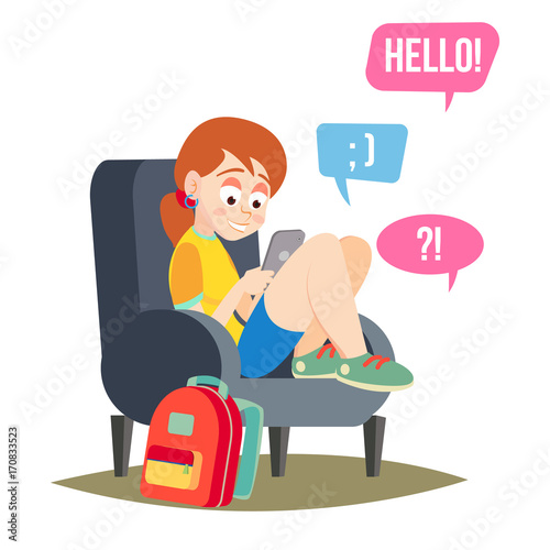 Teen Girl Vector. Teen Girl Texting With Cell Phone. Smart Phone Chatting Addiction. Cartoon Character Illustration