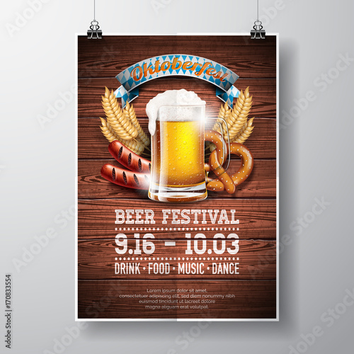 Oktoberfest poster vector illustration with fresh lager beer on wood texture background. Celebration flyer template for traditional German beer festival.