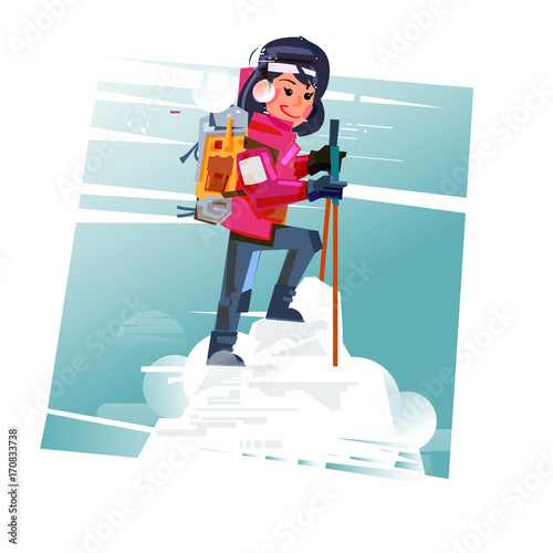 Hiker with backpack on top of snow mountain. hiking. successful concept. character design - vector