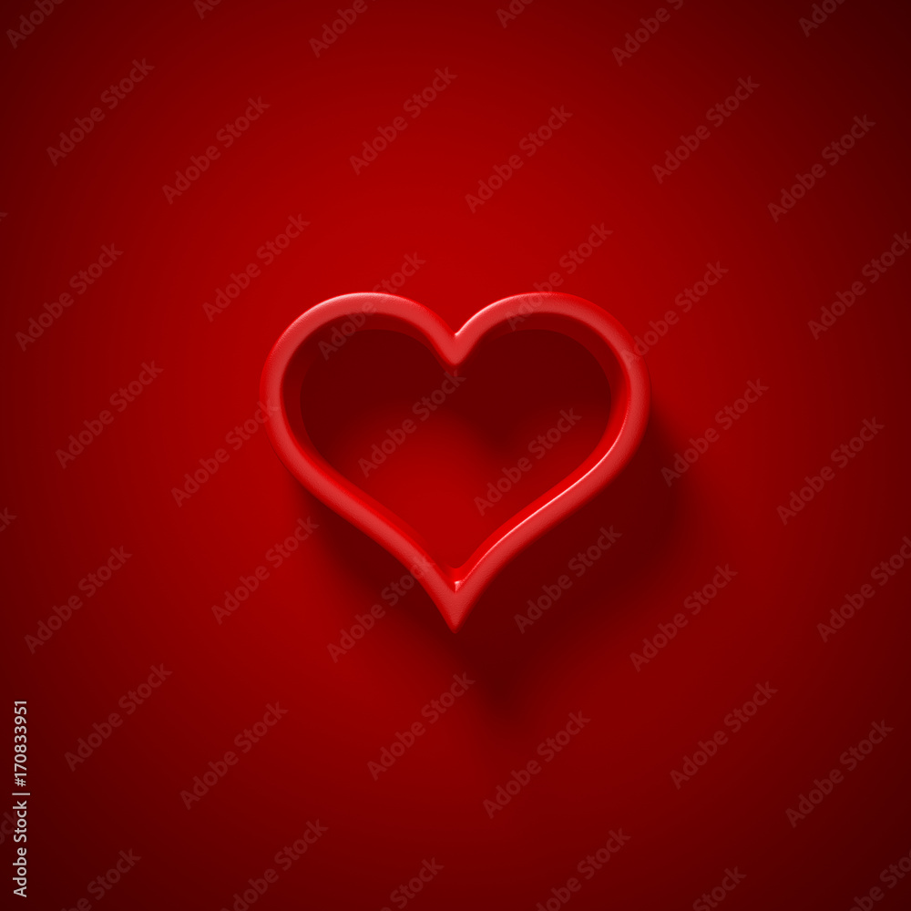 3D Herz auf rotem Hintergrund mit Licht und Schatten - Grußkarte