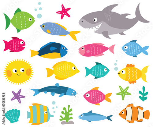 Fotografie, Tablou Cartoon fishes set, isolated design elements