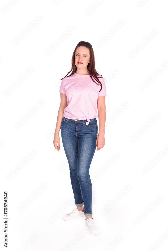 young woman in pink t-shirt young woman in pink t-shirt