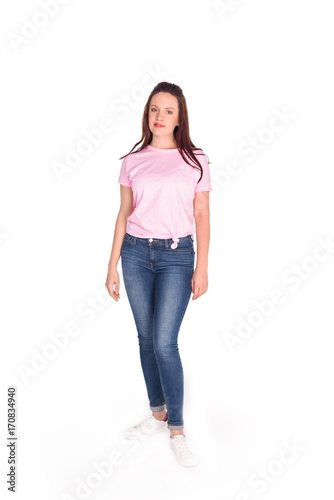 young woman in pink t-shirt