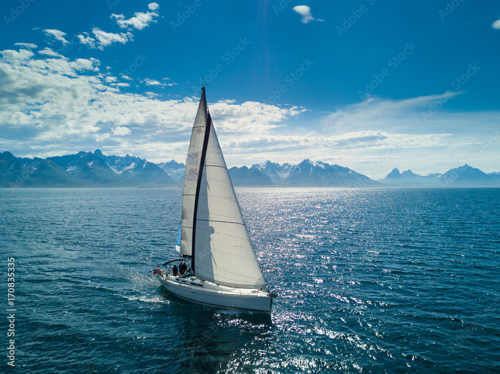 Obraz premium Aerial view of sailing yacht in Norway