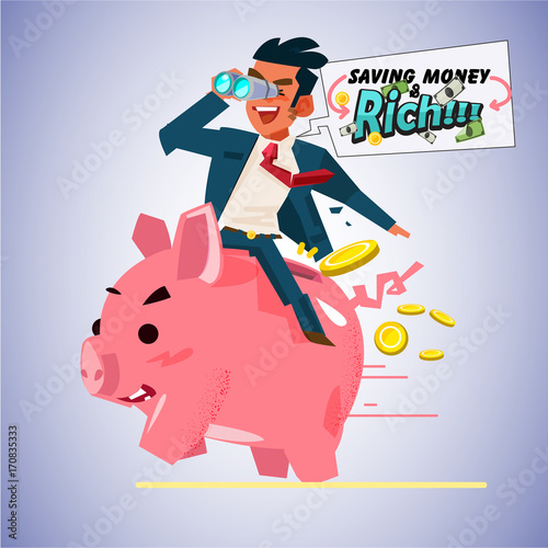 businessman holding binocular and riding piggy bank - saving money and deposit