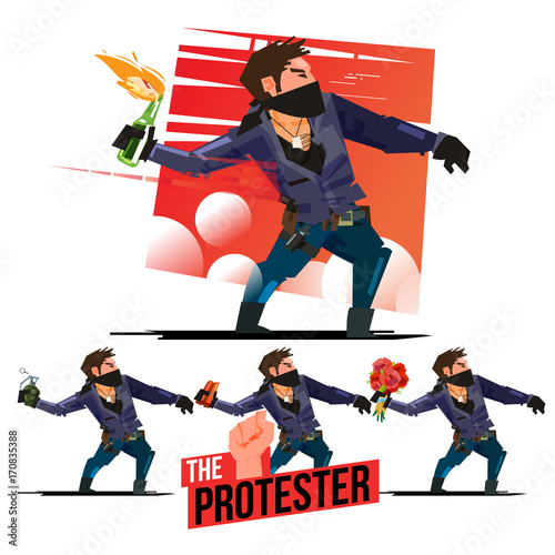 Man throwing Fire Molotov cocktail, bomb, brick stone and flower. protester and evolution concept - vector illustration