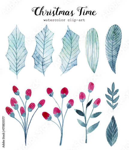 Watercolor illustrations with christmas leaves and flowers. Hand drawn christmas elements