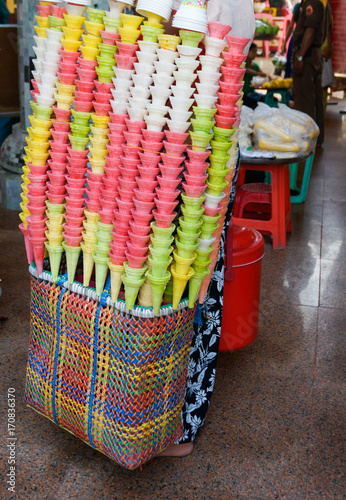 Bright multi color ice cream cone vendor Myanmar Burma Bagan