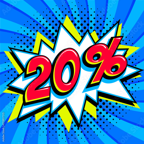 Blue sale web banner. Sale twenty percent 20 off on a Comics pop-art style bang shape on blue twisted background. Big sale background. Pop art comic sale discount promotion banner. Seasonal discounts