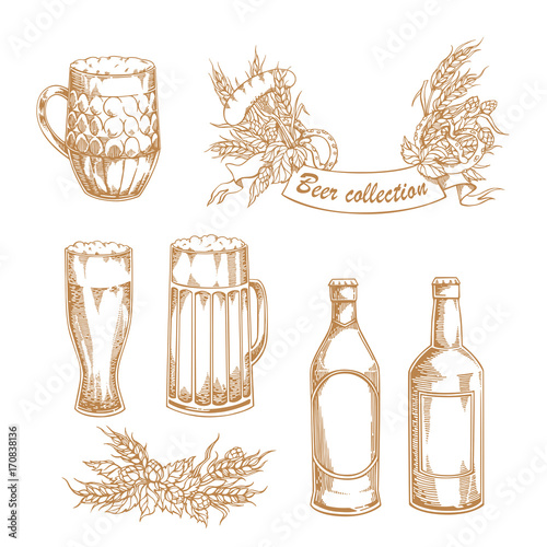 Set of vintage vector illustrations of beer mug, glass, bottles with hop, barley, bezel and sausages. Hand drawn design element 