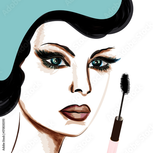 Elegant fashion illustration with beautiful lady and mascara