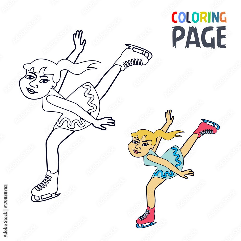coloring page with woman ice skiing player cartoon