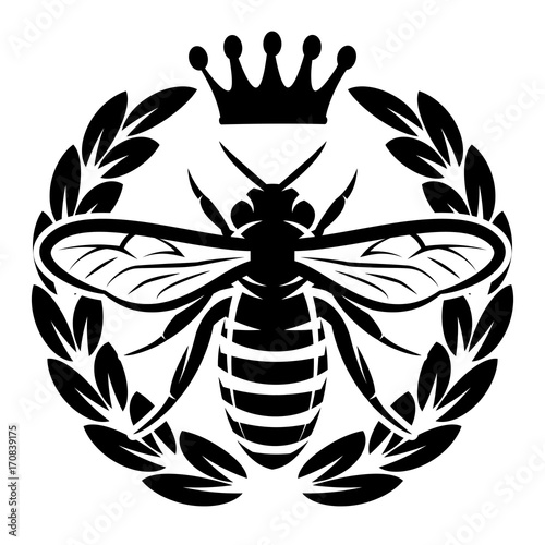 Vector monochrome pattern with flying bee and crown