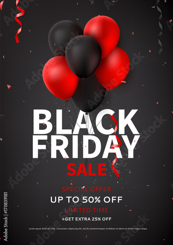 Black Friday sale flyer template. Dark background with red and black balloons for seasonal discount offer. Vector illustration with confetti and serpentine.