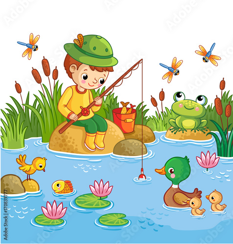The boy sits on a rock and catches fish in a pond. Vector illustration of a cartoon childlike style with a lake and ducks.
