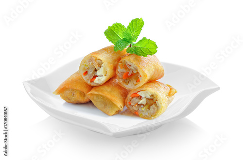 Fried Chinese Traditional Spring rolls food in ceramic plate (beautiful shape) on white background
