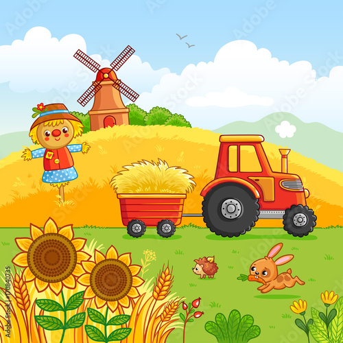 Tractor carries a hay in a cart through a meadow. Vector illustration with a farm technique in a cartoon style. It was laid out, mill and animals in the field.