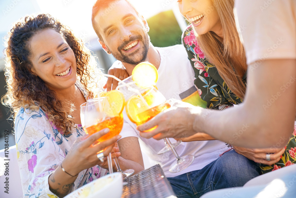 Summer party, group of friends cheering up with drinks Summer party, group of friends cheering up with drinks