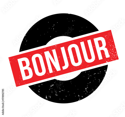 Bonjour rubber stamp. Grunge design with dust scratches. Effects can be easily removed for a clean, crisp look. Color is easily changed.