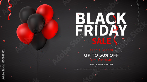 Black Friday sale web banner template. Dark background with red and black balloons for seasonal discount offer. Vector illustration with confetti and serpentine.
