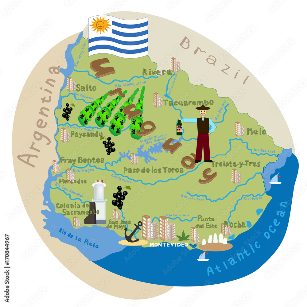 Uruguay. Vector cartoon illustration of the Uruguay map with the ...