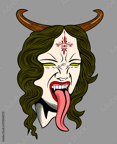 Face witch with vampire fangs, leaning long tongue, with horns on the head