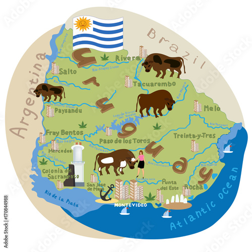 Uruguay. Vector cartoon illustration of the Uruguay map with the architecture doodle, attractions, landmark symbols. Vector illustration with all main symbols of the country.
