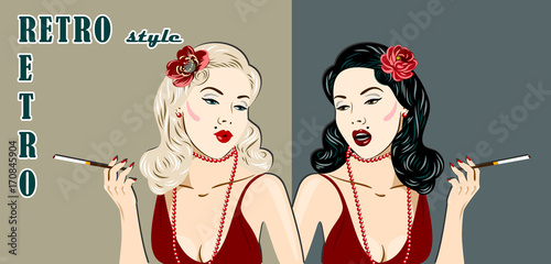 A girl in retro style with a cigarette and a mouthpiece