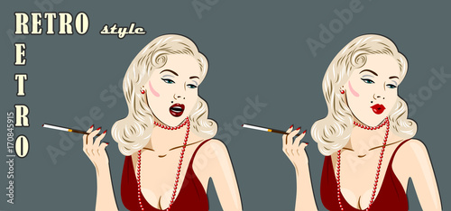 A girl in retro style with a cigarette and a mouthpiece