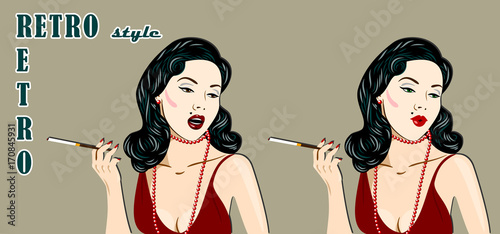 A girl in retro style with a cigarette and a mouthpiece
