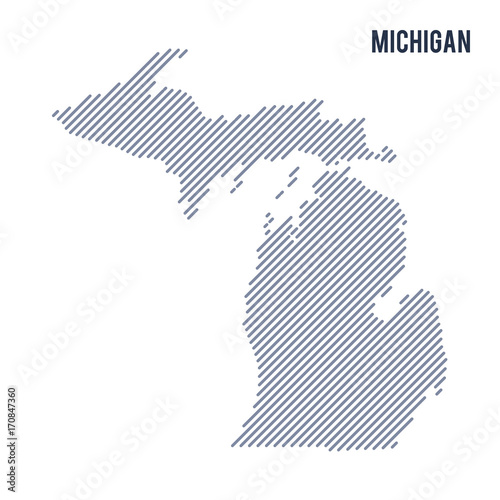 Vector abstract hatched map of State of Michigan with oblique lines isolated on a white background.