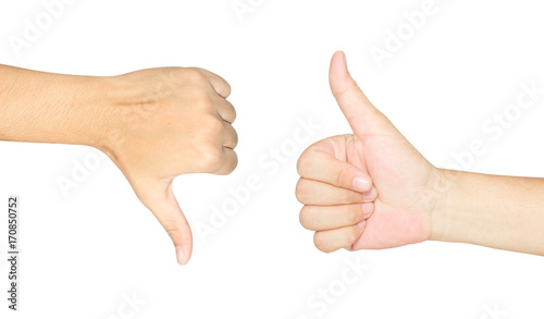 Thumb up and thumb down hand signs isolated on white background. hand showing like, good, approval, acceptance, okay, ok, fail, hand sign