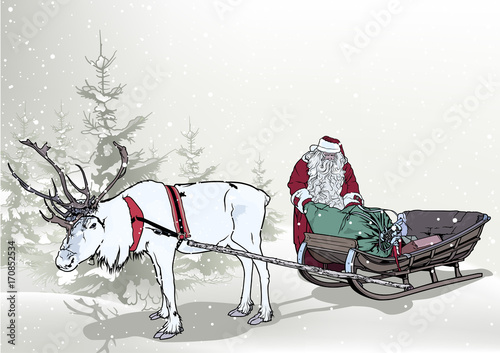 Winter Background with Santa Claus and Sledge with Reindeer - Christmas Illustration, Vector