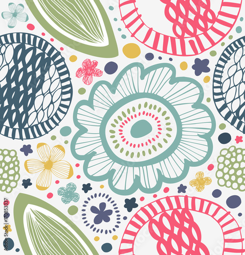 Drawn graphic pattern in rural style. Abstract background with stylized flowers