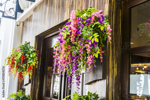 Colorful planter boxes with flowers