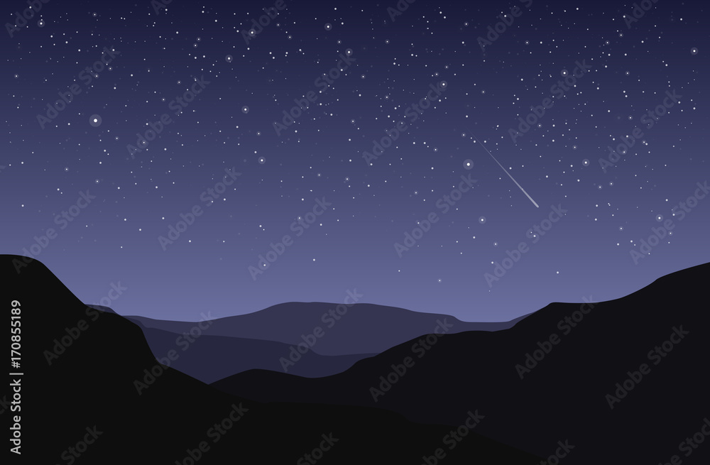 Vector landscape with black silhouette of land and starry blue and violet sky
