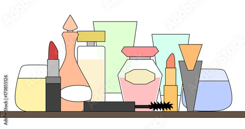 Perfumes and cosmetic items arranged on a shelf, simple design