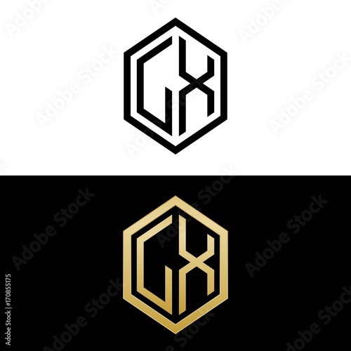 initial letters logo lx black and gold monogram hexagon shape vector