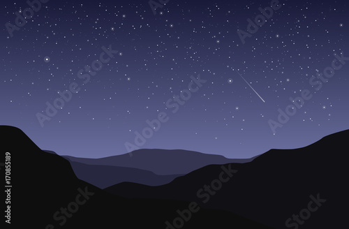 Vector landscape with black silhouette of land and starry blue and violet sky
